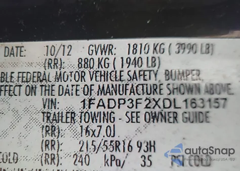 2013 Ford Focus Se z USA, uszkodzony, nr VIN 1FADP3F2XDL163157